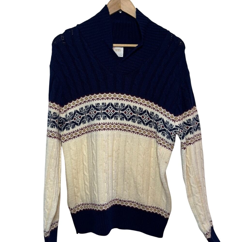 Vintage Jantzen Fair Isle Collared Cable Knit Pullover Ski Sweater Made in USA